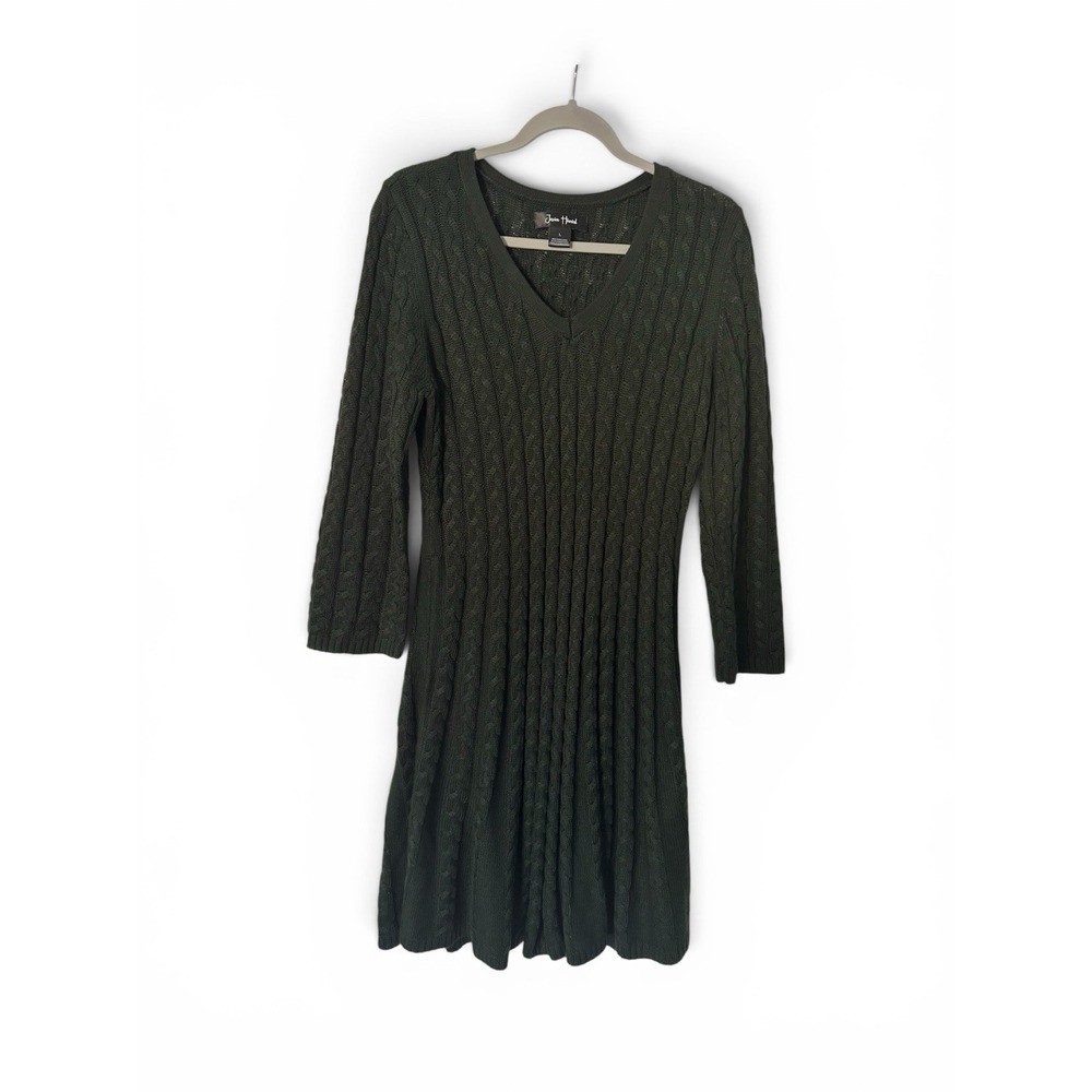 Jessica Howard Cable Knit Sweater Dress Women L Green V Neck 3/4 Sleeve A Line - Picture 2 of 7